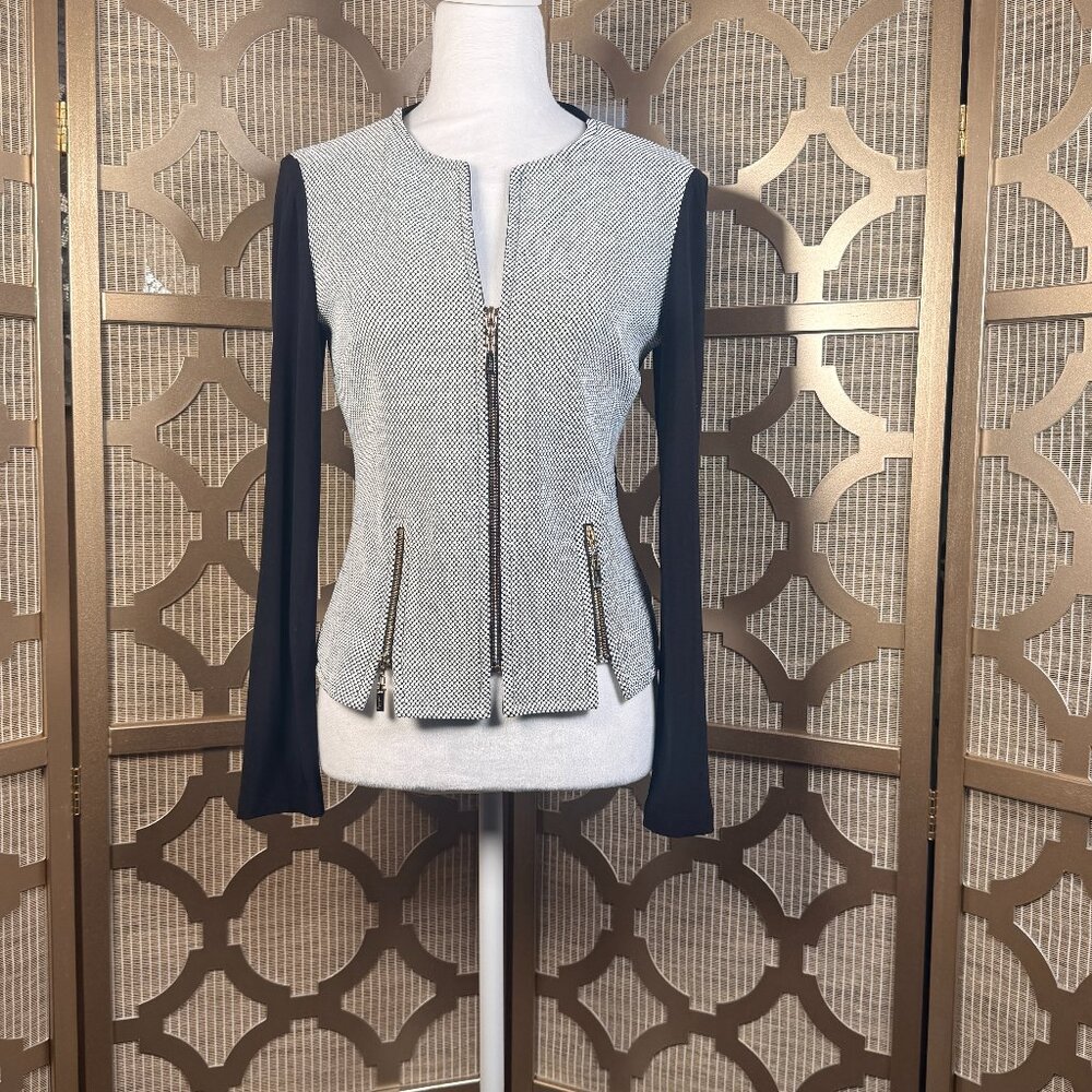 Joseph Ribkoff Black White Textured Jacket Women’s Size 2 Zip Front Career